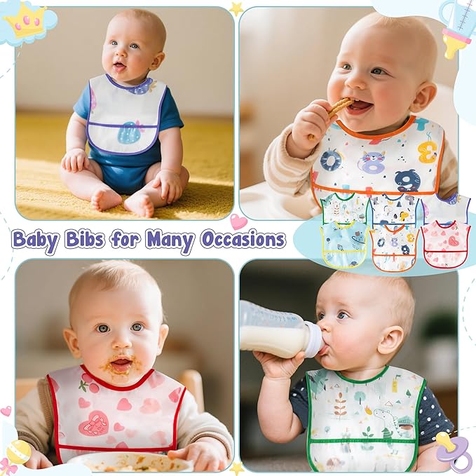 6Pcs Baby Feeding Bibs with Crumb Catcher Pocket Waterproof Sleeveless Teething Plastic Food Bib Set Adjustable Toddler Infant Keepsake Gift for Baby Shower, 6-24 Months