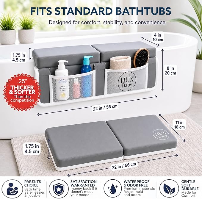 Comfortable Baby Bath Kneeler and Elbow Rest Pad Set, Non-Slip Bathtub Kneeling Pad for Bathing Baby, Bath Tub Cushion Mat, Elbow Pads, Toy Organizer Storage Pockets, Strong Suction Cups (Lua Gray)