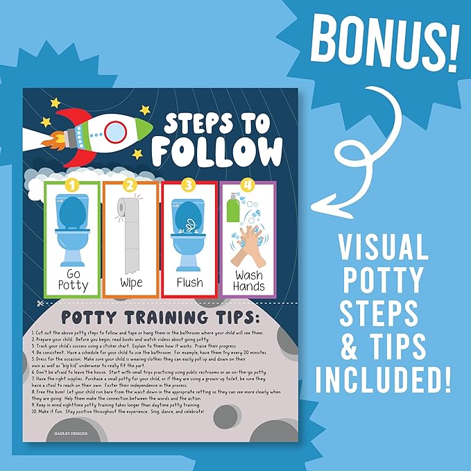 Hadley Designs Potty Training Chart for Toddlers Boys -10 Sticker Potty Chart for Toddlers Boys, 8.5x11" Potty Training Sticker Charts for Toilet Success, Space Toddler Reward Chart for Kids