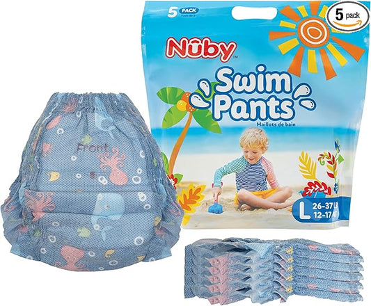Nuby Swim Pants for Toddlers - 5 Pack - Toddler Swim Diapers with Stretchy Waistline, Tear-Away Sides, Water-Resistant Outer Layer & Leak-Preventing Cuffs - Size Large (26-37 lbs)