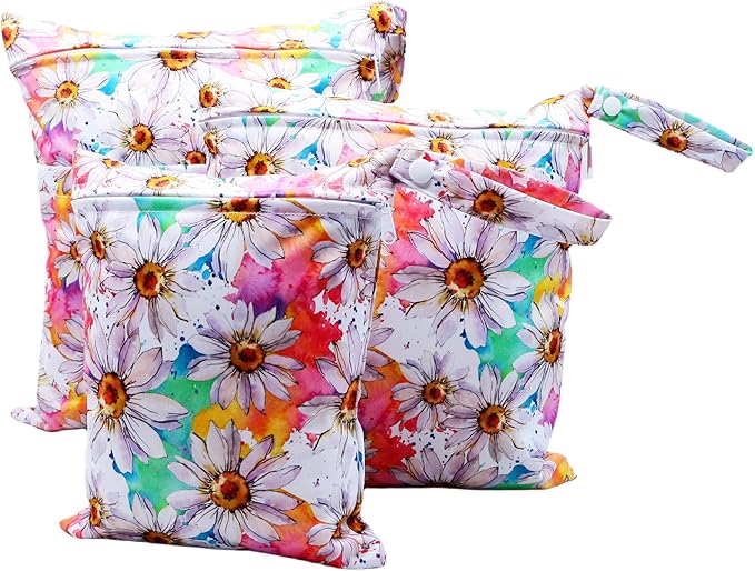 3pcs Cloth Diaper Wet Dry Bags Waterproof Reusable with Two Zippered Pockets Travel Beach Pool Daycare Soiled Baby Items Yoga Gym Bag for Swimsuits or Wet Clothes (3036-3-flower)