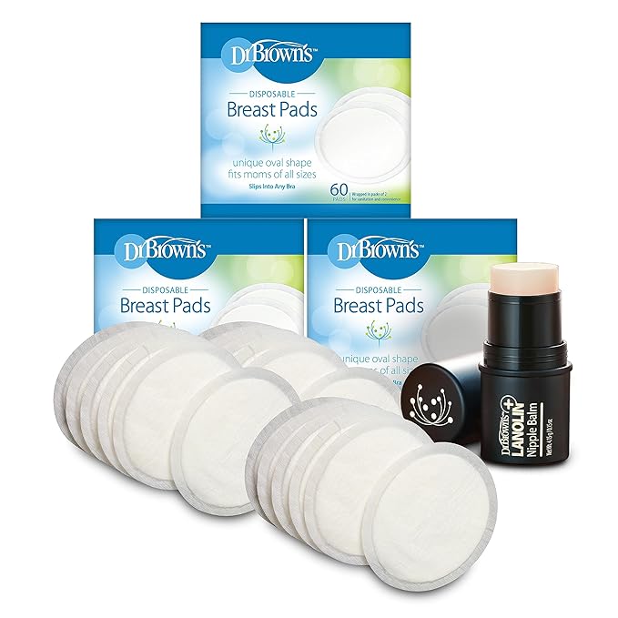 Dr. Brown’s Lanolin + Nipple Balm with Disposable One-Use Absorbent Breast Pads for Breastfeeding and Leaking - 180pk