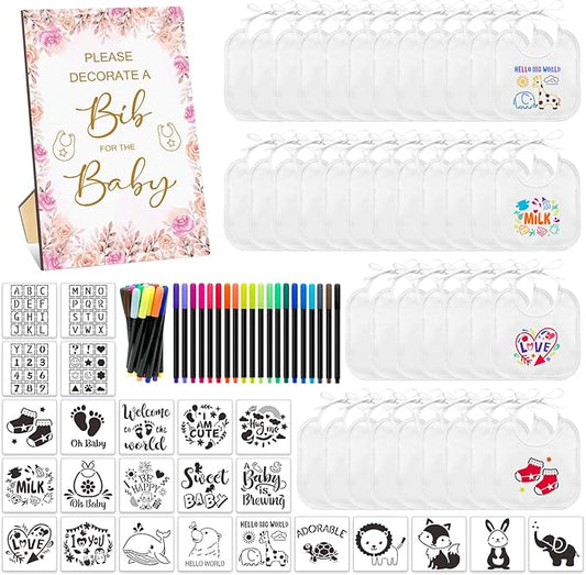 SytuHe 95 Pcs DIY Baby Bibs Decorating Kit50 White Bibs 24 Stencils 20 Fabric Markers 1 Baby Shower Game Sign
