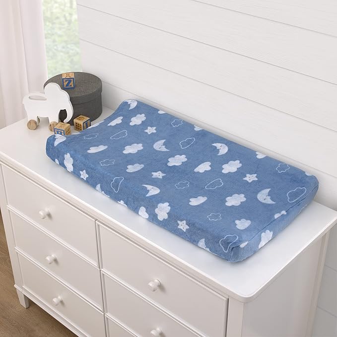 NoJo Carter's Blue Elephant - Chambray, and White Clouds, Moon and Stars Super Soft Contoured Changing Pad Cover