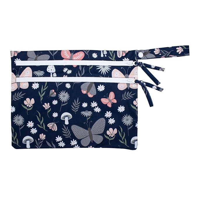 BapronBaby Butterfly Garden Wet Dry Bag - Waterproof Two Zipper Pocket - Reusable for Mealtime, Diapers, Stroller, Snacks, Swimsuits - Machine Washable - 11" x 9"