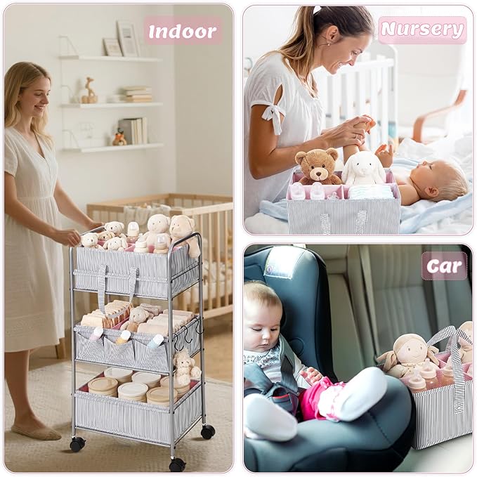 WILLBOND 2 in 1 Baby Diaper Caddy Organizer Cart, 3 Tier Large Stripe Bedside Rolling Cart Metal for Baby Essential with Divider for Newborn Registry Must Have Nursery Bedroom Mother Gift(Pink)