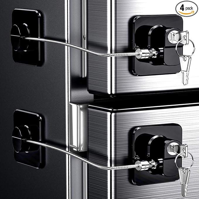 4 Pack Refrigerator Locks with Keys for Kids, Toddlers and Adults, Self Adhesive Child & Baby Proofing Fridge Latch for Double Door, French Door, Cabinets and Drawers, Oven, Windows (Patent)