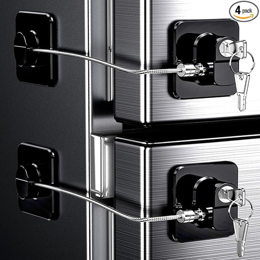 4 Pack Refrigerator Locks with Keys for Kids, Toddlers and Adults, Self Adhesive Child & Baby Proofing Fridge Latch for Double Door, French Door, Cabinets and Drawers, Oven, Windows (Patent)