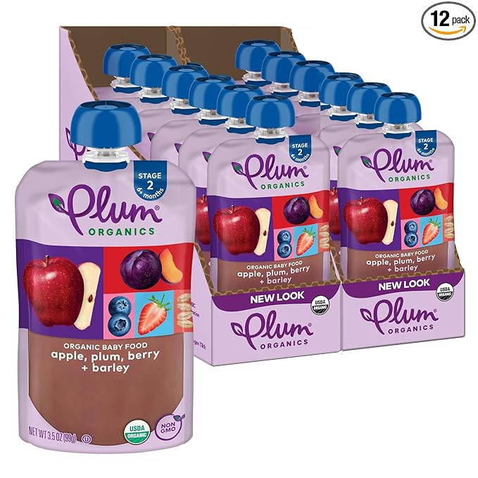 Plum Organics - 6+ Months Organic Baby Food - Apple, Plum, Berry, & Barley - Non-GMO - Fruit Blends On-The-Go Pouches for Baby & Toddler Meals - Quality Tested Ingredients - 3.5 oz (Pack Of 12)