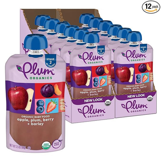 Plum Organics - 6+ Months Organic Baby Food - Apple, Plum, Berry, & Barley - Non-GMO - Fruit Blends On-The-Go Pouches for Baby & Toddler Meals - Quality Tested Ingredients - 3.5 oz (Pack Of 12)
