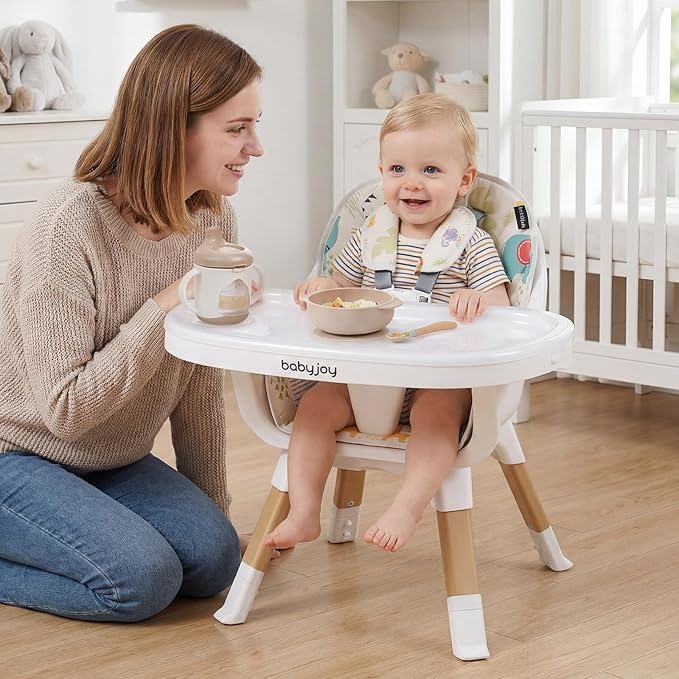 BABY JOY High Chair, 4-in-1 Convertible Highchair for Babies and Toddlers with Adjustable Legs, Double Removable Tray, Storage Basket, 5-Point Safety Harness & Waterproof PU Cushion, Easy to Clean