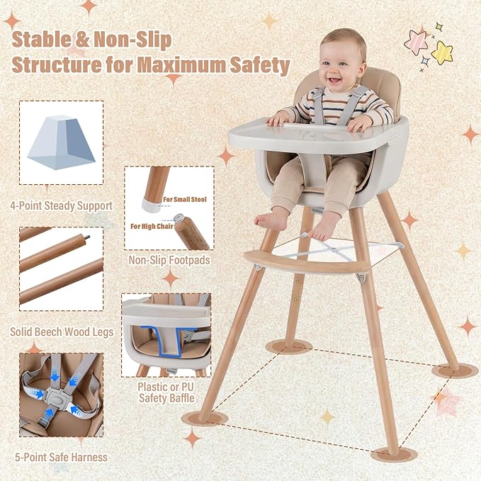HONEY JOY Baby High Chair, 6-in-1 Eat & Grow Wooden Highchair/Toddler Chair with Removable Tray, 5-Point Harness, PU Cushion and Footrest, Convertible High Chair for Babies and Toddlers(Dark Beige)