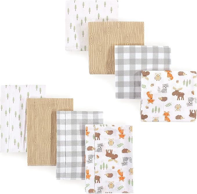 Hudson Baby Unisex Baby Cotton Flannel Burp Cloths and Receiving Blankets, 8-Piece, Woodland, One Size