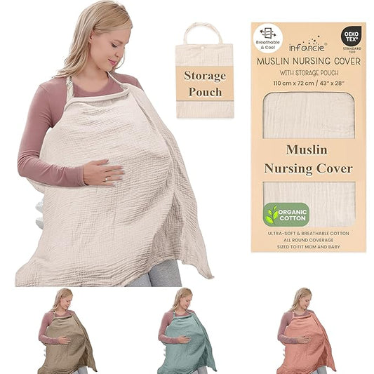 100% Organic Cotton Nursing Cover & Shawl - 43 x 28 Inch Breathable Muslin Breastfeeding Nursing Apron Cover with Arch Neckline for Mothers, Multi-use Carseat Canopy (Ivory)