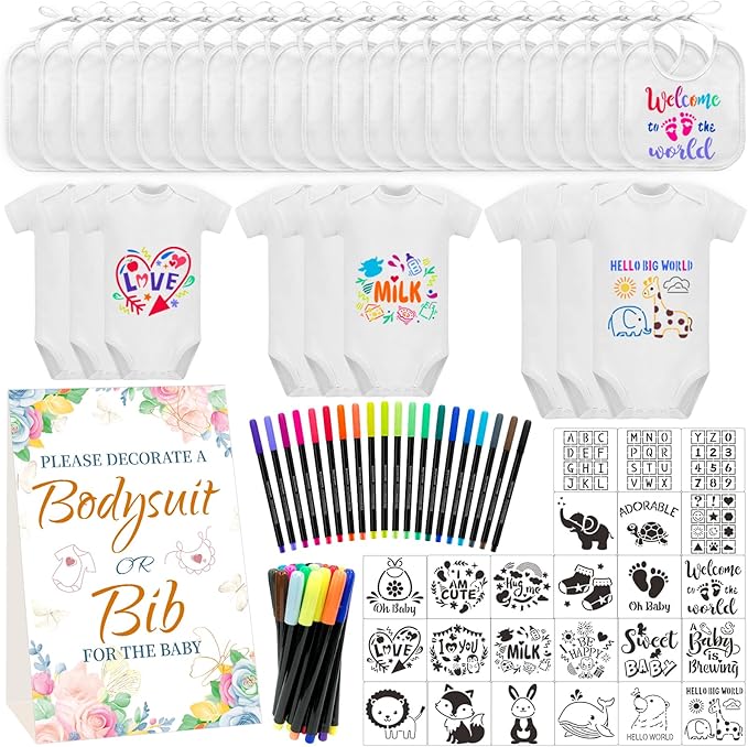 Bibs Bodysuits Baby Shower Game Sign Set Newborn Onesies Feeder Gift Fabric Marker Stencils Kit