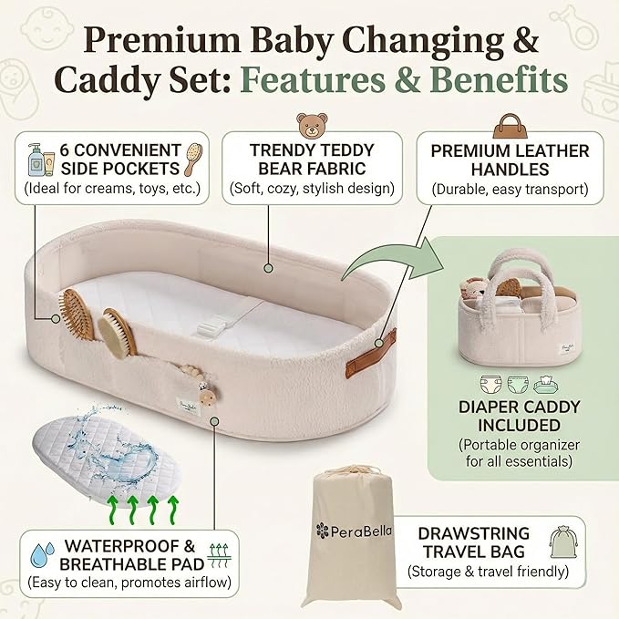 PeraBella Baby Changing Basket for Dresser Top, Baby Moses Basket for Newborn, Portable Diaper Changing Pad Table Topper for Dresser, Includes Diaper Caddy Organizer with Handle, Moses Bassinet Mat | Plush Exterior, Breathable Pad, Waterproof Layer, St...