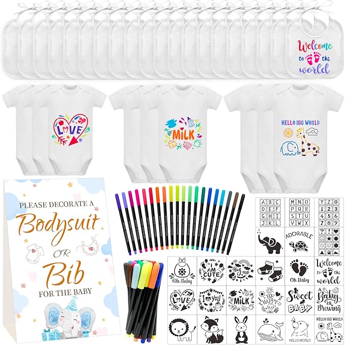 Bibs Bodysuits Baby Shower Game Sign Set Newborn Onesies Feeder Gift Fabric Marker Stencils Kit