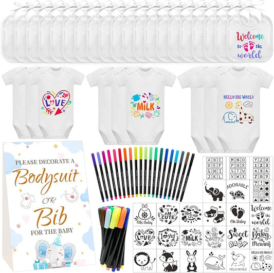 Bibs Bodysuits Baby Shower Game Sign Set Newborn Onesies Feeder Gift Fabric Marker Stencils Kit