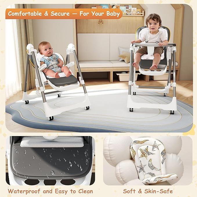 High Chairs for Babies and Toddlers, Foldable High Chair with Lockable Wheels, 4-in-1 Convertible, Adjustable Reclining Seat with Leg Rest & 5-Point Harness, Soft Cushion, Portable When Folded, Gray
