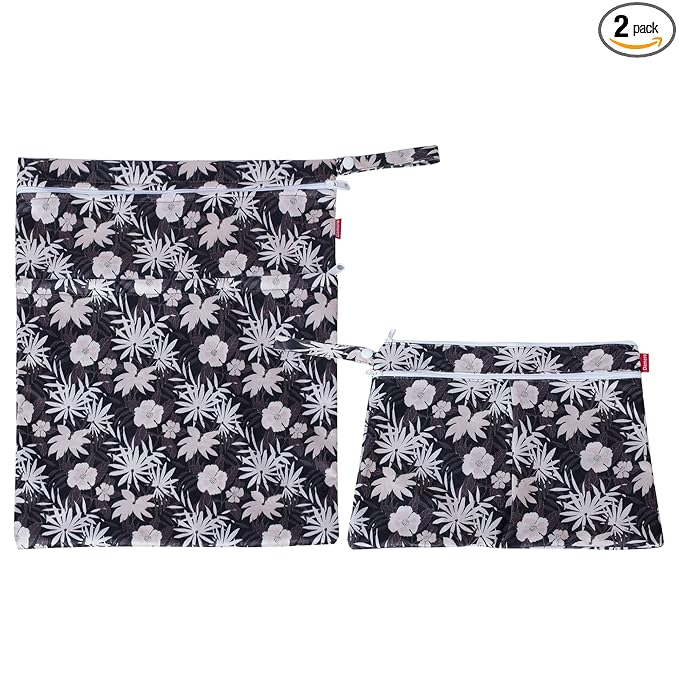 Damero 2 Pcs Wet Dry Bag for Cloth Diaper, Swimsuit, Clothes, Water-Resistant Reusable Wet Bag for Travel, Exercise, Beach, Pool, Daycare, Coffee Flowers