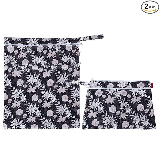 Damero 2 Pcs Wet Dry Bag for Cloth Diaper, Swimsuit, Clothes, Water-Resistant Reusable Wet Bag for Travel, Exercise, Beach, Pool, Daycare, Coffee Flowers