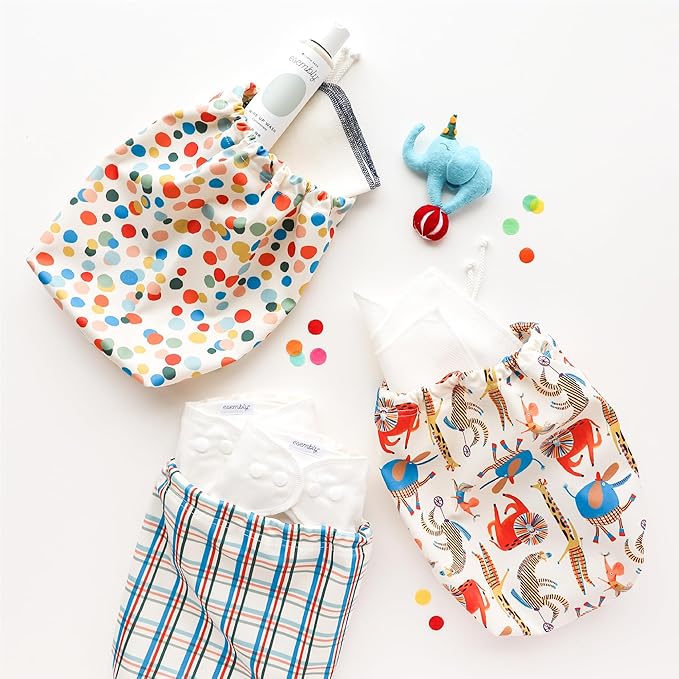 Esembly Ditty Bag Trio - Reusable Waterproof Wet Bags for Cloth Diapers, Swimsuits, Toiletries, and Snacks, Set of 3 - Circus