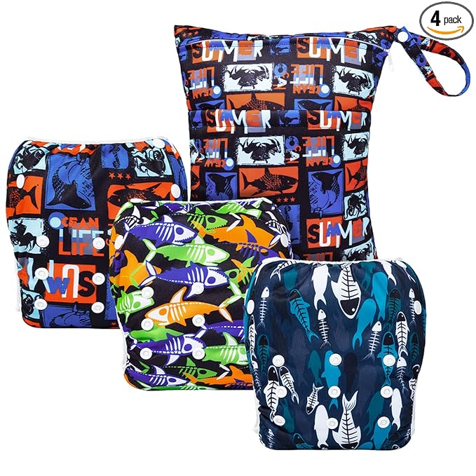 ALVABABY 3pcs Baby Swim Diapers with 1pcs Wet Bag Reuseable Washable & Adjustable for Swimming Lesson & Baby Boy and Girl 3YKL01