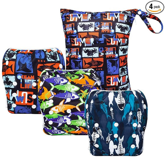ALVABABY 3pcs Baby Swim Diapers with 1pcs Wet Bag Reuseable Washable & Adjustable for Swimming Lesson & Baby Boy and Girl 3YKL01