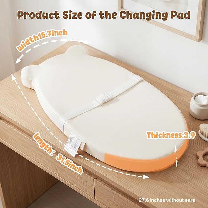 Baby Diaper Changing Pad with Wipeable & Waterproof PU Cover, Contoured Baby Changing Pad for Dresser, Non-Slip Changing Table Pad with Adjustable Strap, Cushioned Contoured Foam