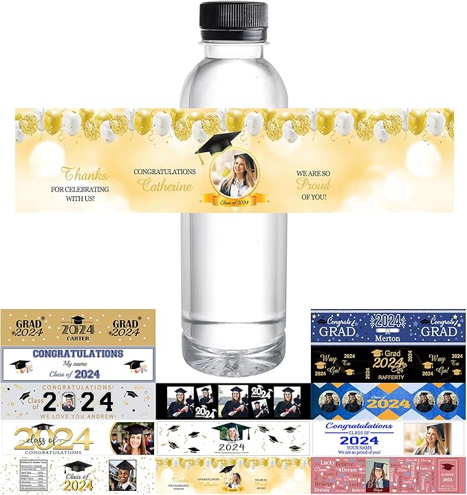 Personalized Water Bottle Labels Graduation Custom Graduation Labels with Name for Water Bottle Stickers Waterproof Printable Photo Bottle Labels Graduation Gifts 50 Pcs