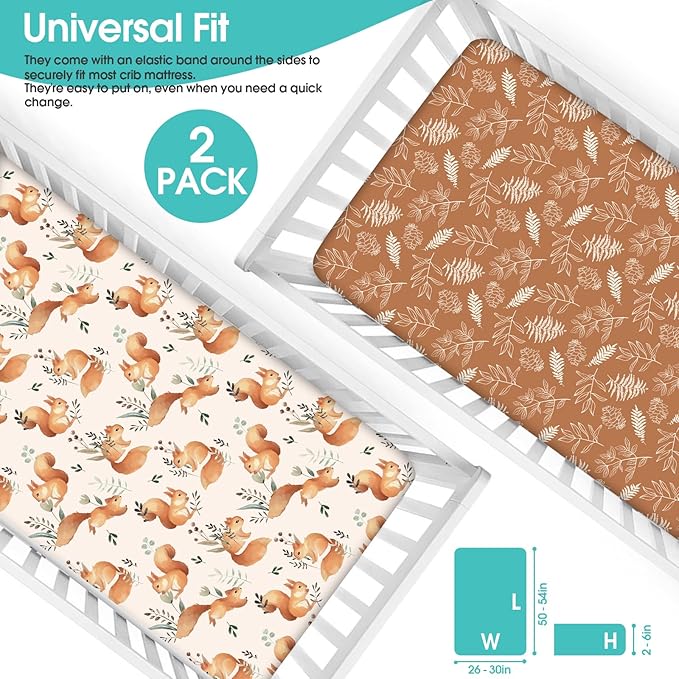BROLEX Baby Fitted Crib Sheets: Kid Crib Sheets - Set of 2 for Toddler Standard Size Crib Mattress for Boys and Girls - Jersey Knit Crib Bed Sheets Squirrel&Foliage