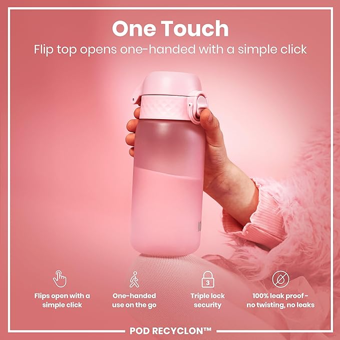 Ion8 Small Water Bottle, 350 ml/12 oz, Leak Proof, Easy to Open, Secure Lock, Dishwasher Safe, BPA Free, Carry Handle, Hygienic Flip Cover, Easy Clean, Odor Free, Carbon Neutral, Rose Quartz Pink