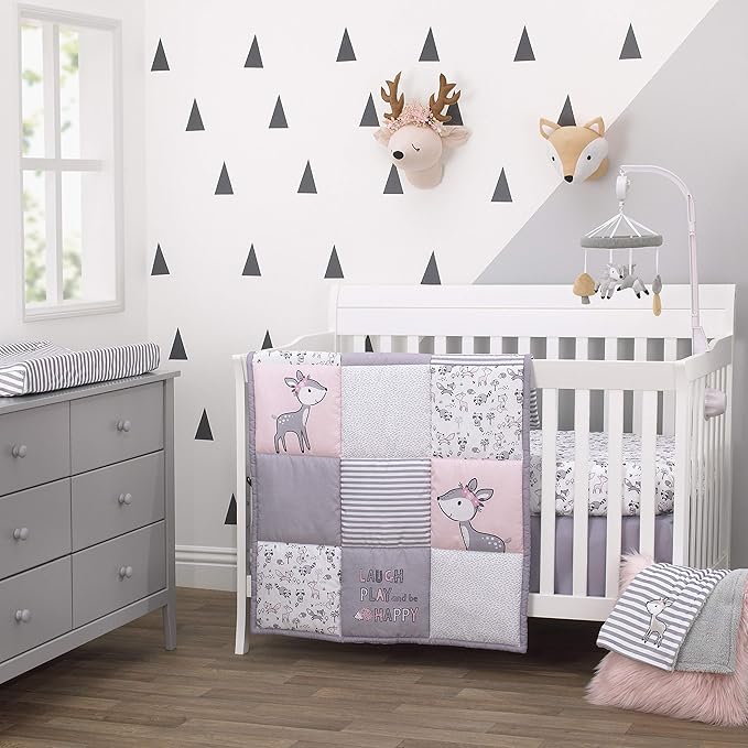 Little Love by NoJo Sweet Deer - Grey, White Stripe Plush Changing Pad Cover with Pink Deer Applique, Grey, White, Pink