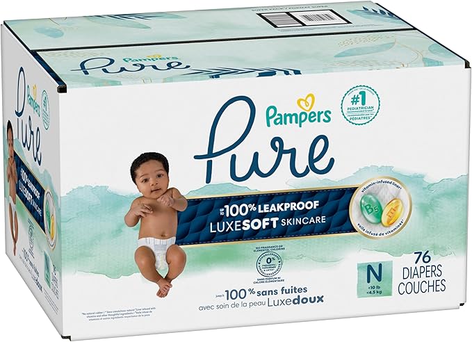 Pampers Pure Baby Diapers, Size 0 (>10 lbs), 76, Up to 100% Leakproof, Premium Hypoallergenic Soft Diapers