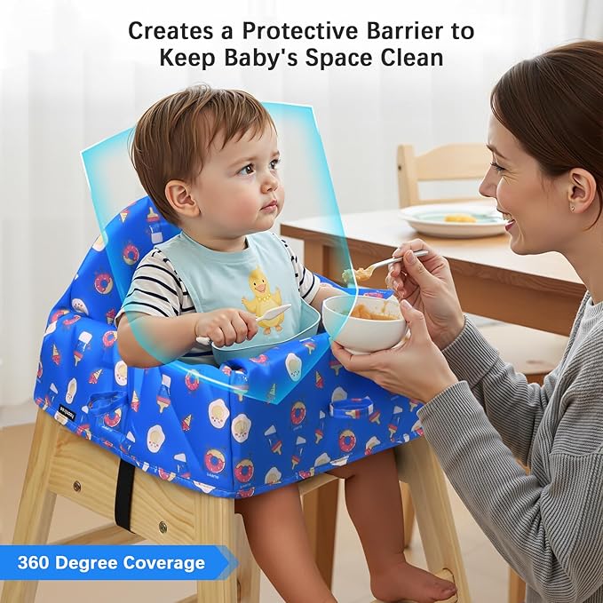 Baby High Chair Cover Restaurant with 3-Point Harness,Portable High Chair Covers for Travel,Dining Out,Waterproof and Machine Washable,Inner Padded,Fits Wooden High Chairs,Blue