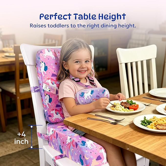 Toddler Booster Seat for Dining Table & Kitchen Chair with Backrest & 5-Point Harness - Portable Kids Booster Seat, Waterproof & Easy to Clean, Adjustable, Non-Slip, Lightweight (Pink Horse)