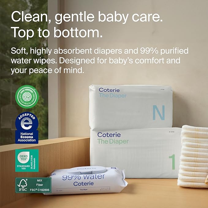 Coterie Baby Wipes + Diapers Kit, Size 1 (99 Count) & Size Newborn Diapers (93 Count), 8 Pack (448) Baby Wipes with 99% Water, Plant Based Materials, Hypoallergenic for Sensitive Skin