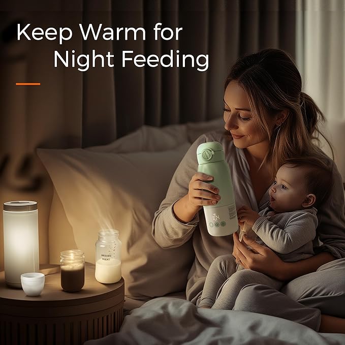 MOMFANN Portable Bottle Warmer for Travel, Dual Heating Modes for Breastmilk & Water, Portable Bottle Milk Warmer with Fast Heating & Long Battery Life, 12 Ounces Large Capacity (Green)