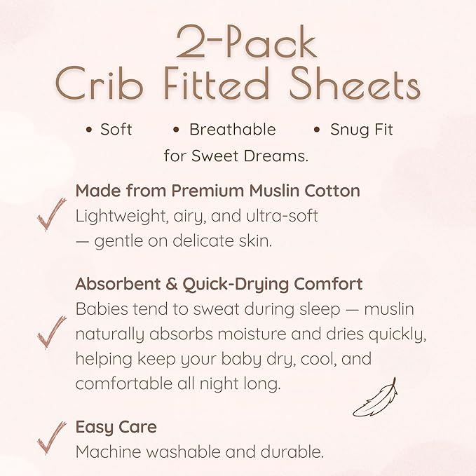 Muslin Cotton Crib Sheets for Girls, 2 Pack 52"x28" Fitted Baby Crib Sheet for Girl, Soft & Breathable Baby and Toddler Bed Sheets, Mattress Cover Muslin Cribs Sheet Set Nursery Gift Pink Floral