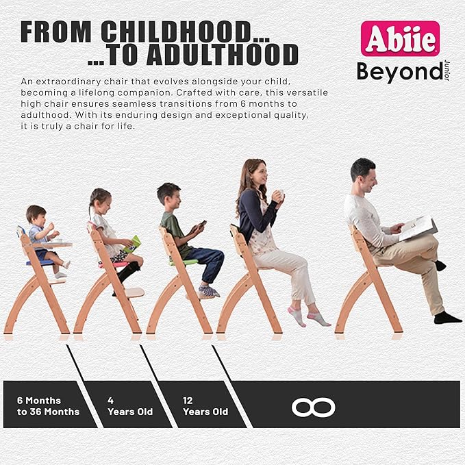 Abiie Beyond Junior Wooden High Chair for Babies and Toddlers - Convertible 3-in-1 Baby Highchair with Removable Tray - 6 Months to 250 Lb - Water Resistant - Misty Grey Wood/Black Pearl Cushion