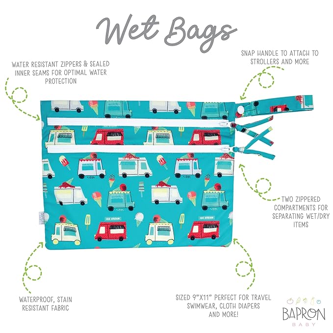 BapronBaby Ice Cream Truck Wet Dry Bag - Waterproof Two Zipper Pockets - Reusable for Mealtime, Diapers, Stroller, Snacks, Swimsuits - Machine Washable - 11" x 9"