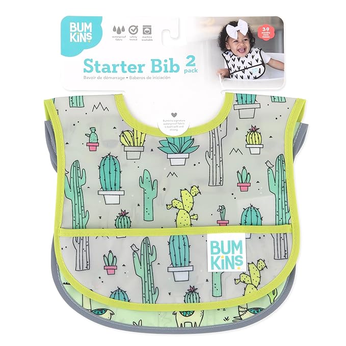 Bumkins Bibs, for Baby Girl or Boy, Infant 3-9 Months, Essential Must Have for Eating, Feeding, Baby Led Weaning, Mess Saving Waterproof Soft Fabric, Starter Bib 2-pk Cactus and Llama Green