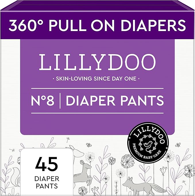 LILLYDOO Diaper Pants Toddlers - Size 8 (37+ lbs), Half-Monthly Supply (45 Count), Skin-Friendly, Ultrasoft, Chlorine-Free & Absorbent Diaper Pants