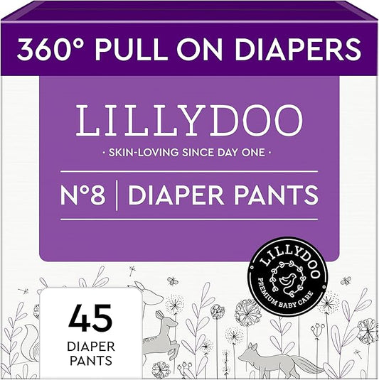 LILLYDOO Diaper Pants Toddlers - Size 8 (37+ lbs), Half-Monthly Supply (45 Count), Skin-Friendly, Ultrasoft, Chlorine-Free & Absorbent Diaper Pants
