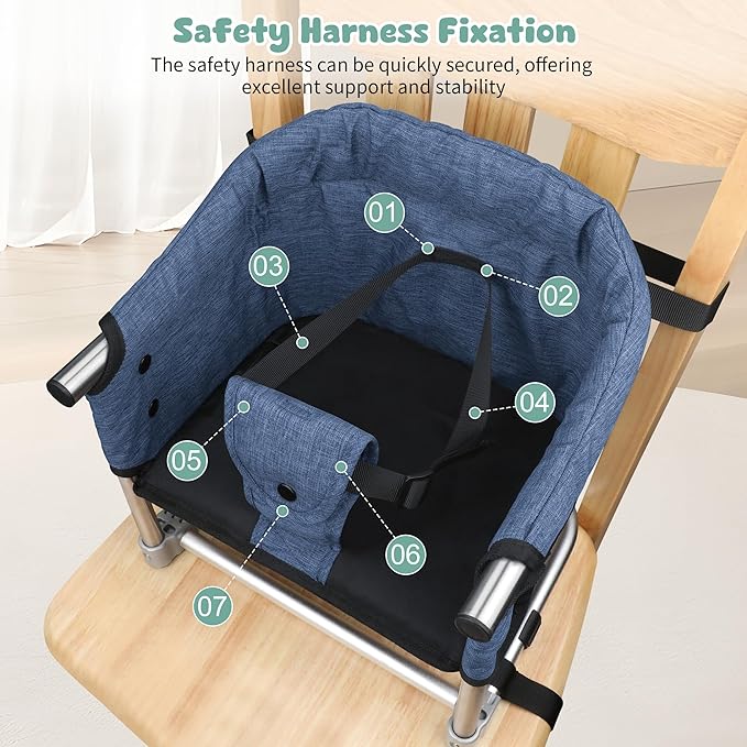 Booster Seat for Dining Table, 3-in-1 Portable Toddler Booster Chair with Safety Buckle, Height Adjustable & Foldable Baby Feeding Seat, Travel High Chair with Storage Pocket - Navy Blue