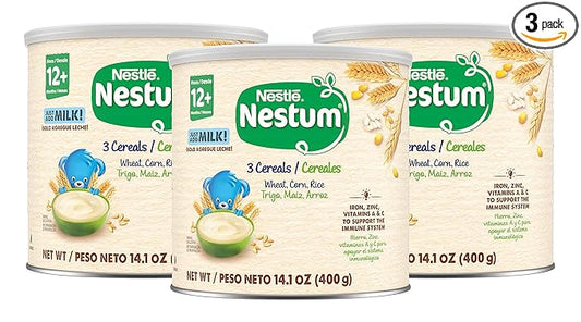 Nestle Nestum Junior Cereal, 3 Cereals - Wheat, Corn & Rice, Made for Toddlers 12 Months, 14.1 OZ Canister (Pack of 3)