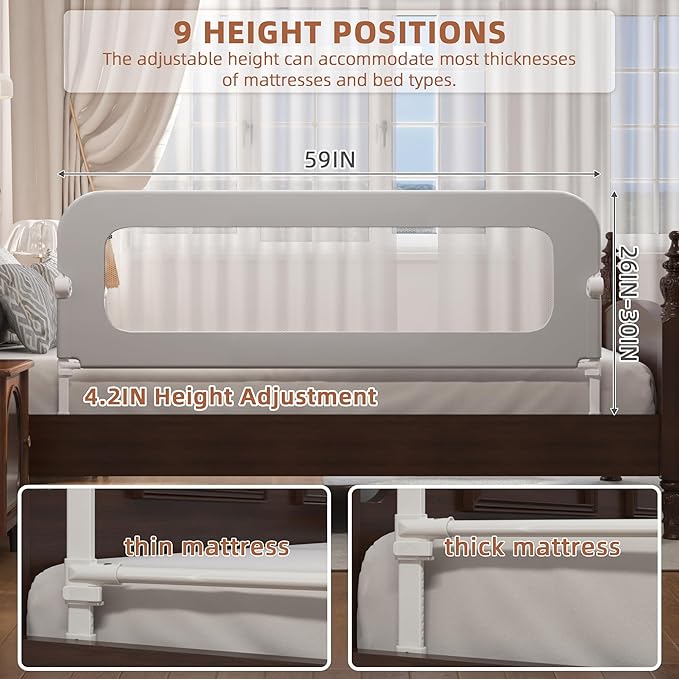 FigTime Bed Rail for Toddlers, Baby Bed Rail Guard for Kids, Toddler Bed Rails with Reinforced Anchor Fit, Height Adjustable & Foldable Bed Rail Guard for Twin, Full, Queen & King Beds (Grey, 59IN)