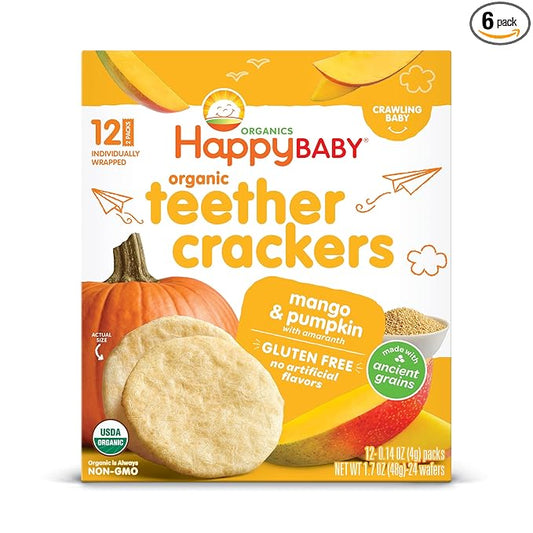 Happy Baby Organics Baby Snacks, Gentle Teething Crackers, Gluten Free & Vegan, Mango & Pumpkin, 12 Count (Pack of 6)