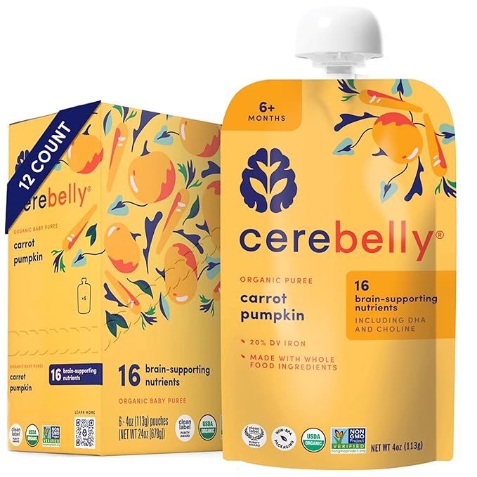 Cerebelly Organic Baby Food Pouches, Carrot Pumpkin Purees, 16 Nutrients, No Added Sugar, Fiber & Non-GMO, 4oz, 12 Pack