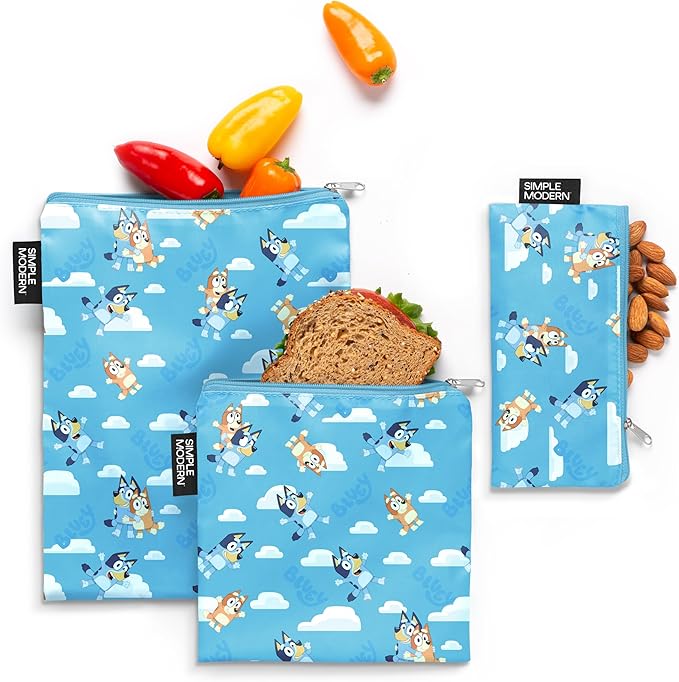 Simple Modern Bluey Reusable Snack Bags for Kids, Girls, Boys | Food Safe, BPA & Phthalate Free Polyester Zip Pouches | Washable & Refillable Sandwich Bag | Ellie Collection | 3 pack | Bluey Sky